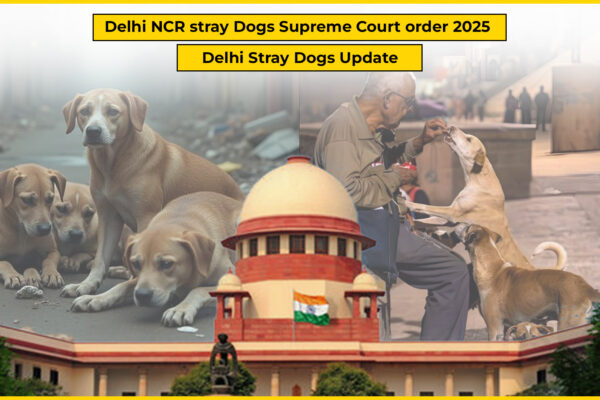 Supreme Court of India building with stray dogs on the street in Delhi NCR, representing SC’s revised 2025 order