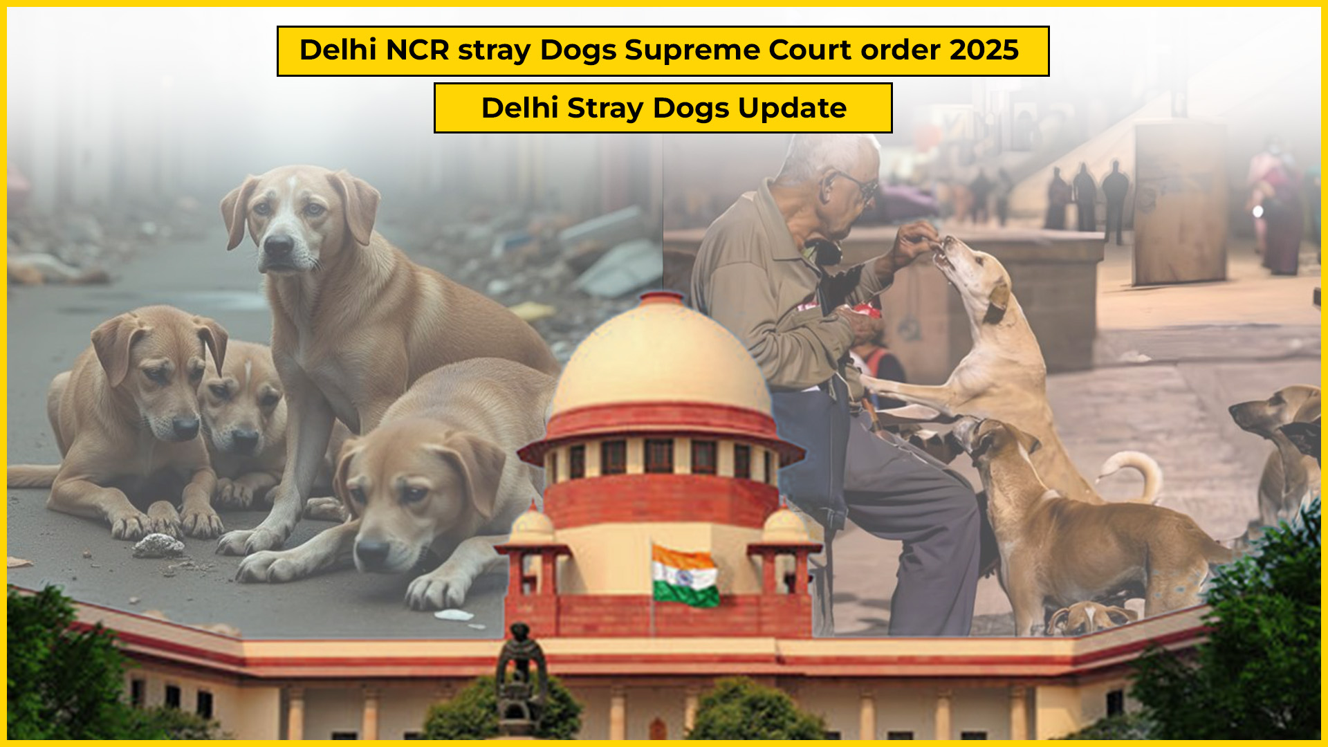 Supreme Court of India building with stray dogs on the street in Delhi NCR, representing SC’s revised 2025 order