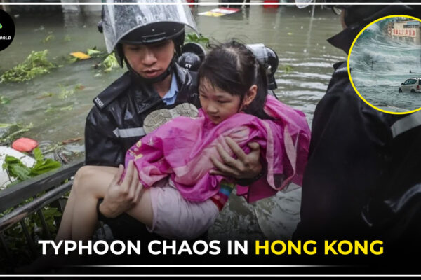 Hong Kong skyline under storm alert as Super Typhoon Ragasa approaches, causing school closures and flight cancellations.