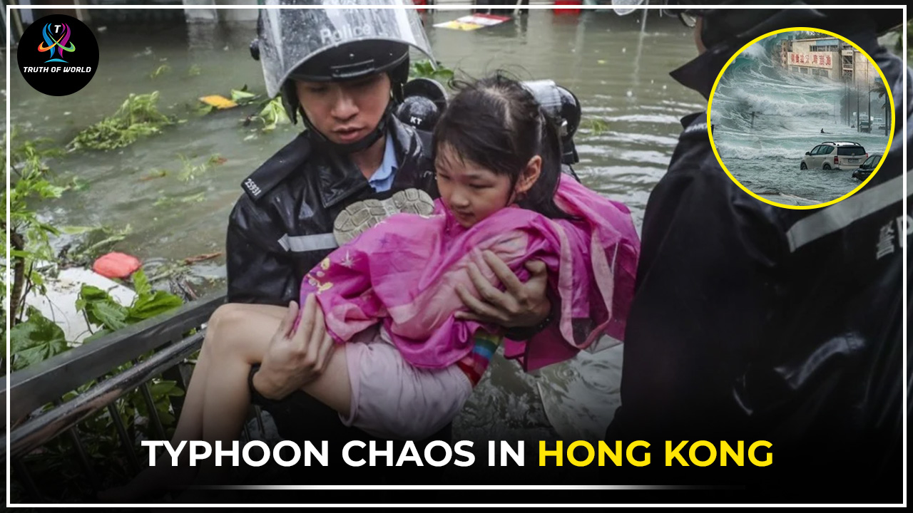 Hong Kong skyline under storm alert as Super Typhoon Ragasa approaches, causing school closures and flight cancellations.