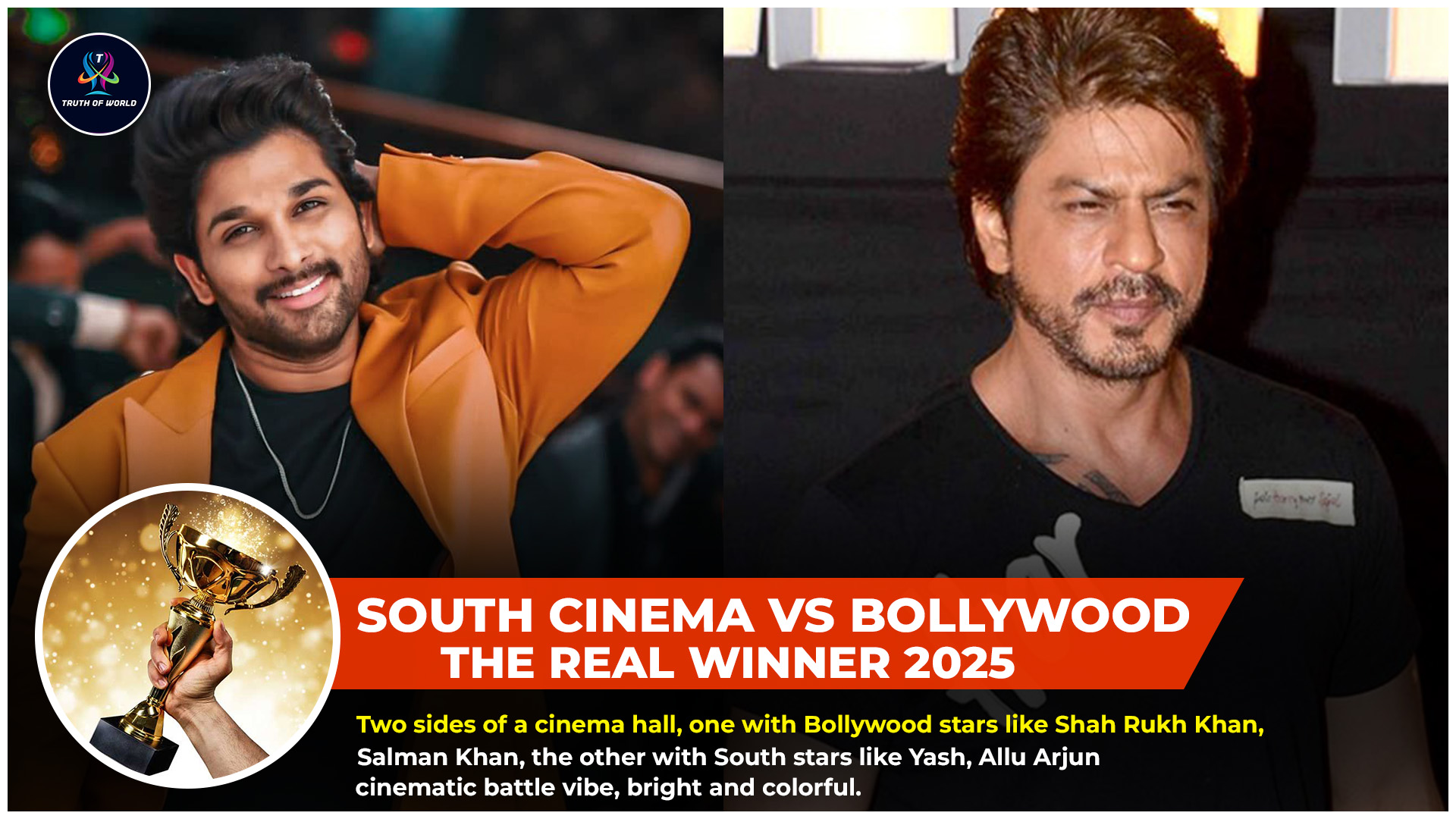 Bollywood vs South Cinema comparison in 2025 with top actors like Shah Rukh Khan, Salman Khan, Yash, Allu Arjun, and Ram Charan – Indian film industry battle