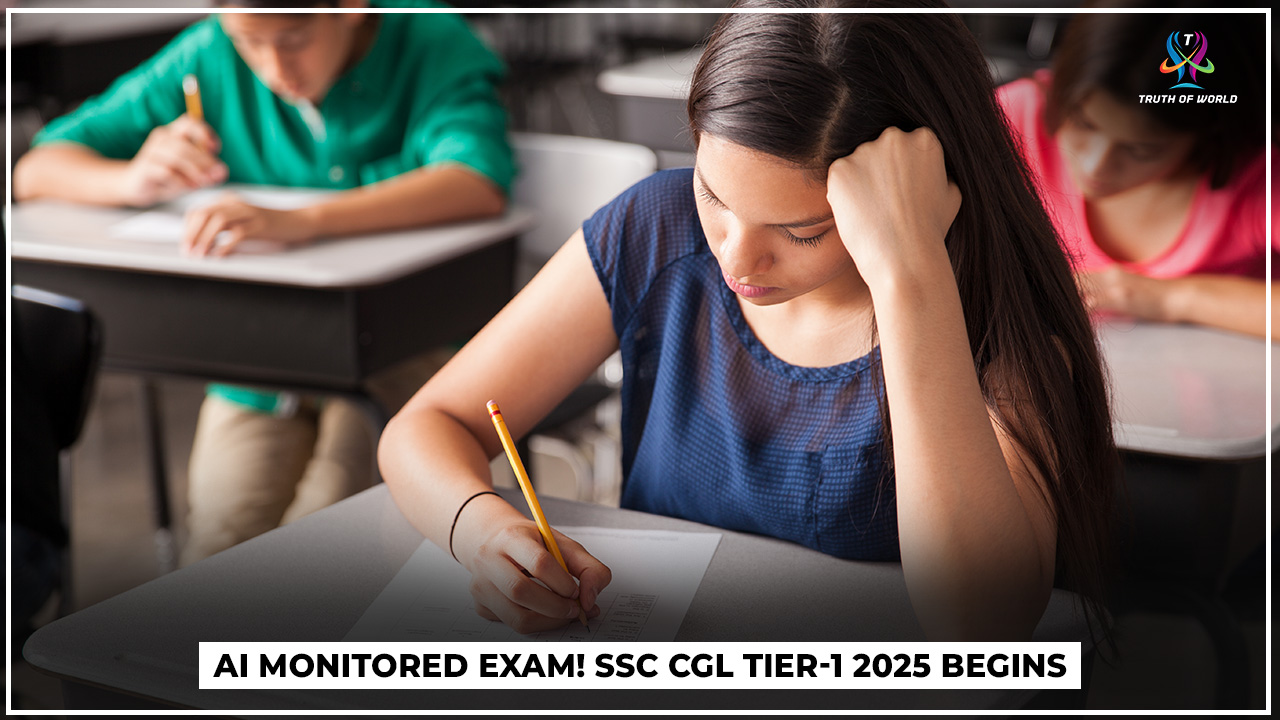 SSC CGL Tier-1 2025 exam candidates entering exam center under AI-based surveillance with biometric and facial recognition.