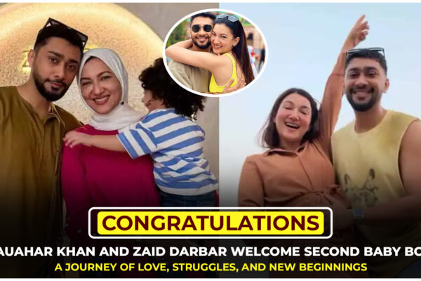 Gauahar Khan and Zaid Darbar holding their newborn baby boy, celebrating parenthood and new beginnings.