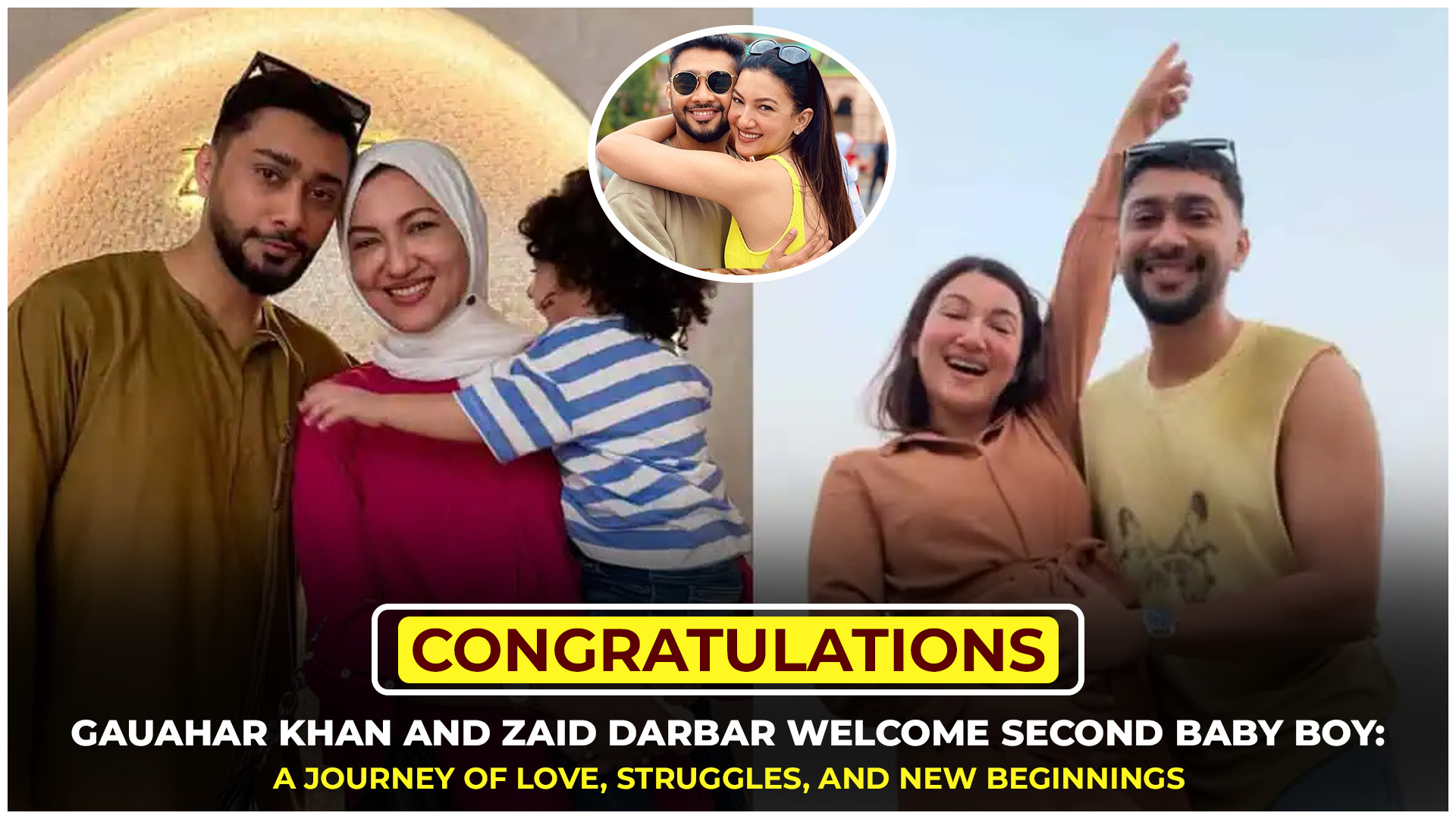 Gauahar Khan and Zaid Darbar holding their newborn baby boy, celebrating parenthood and new beginnings.