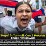 Nepalese youth protesting against social media ban and government corruption in the streets of Kathmandu.
