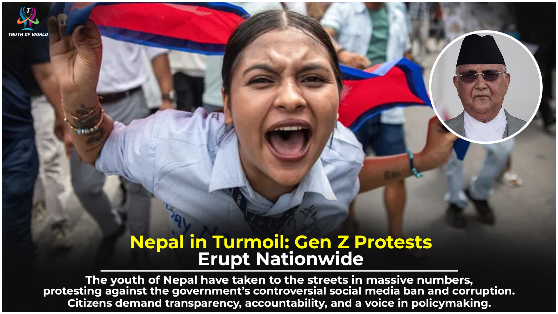 Nepalese youth protesting against social media ban and government corruption in the streets of Kathmandu.