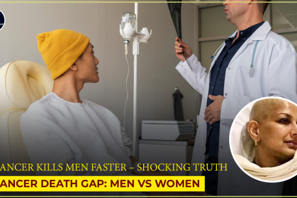 काले बैकग्राउंड पर लाल कैंसर रिबन और पुरुष व महिला का चेहरा – पुरुषों में कैंसर के खतरों पर आधारित थंबनेल