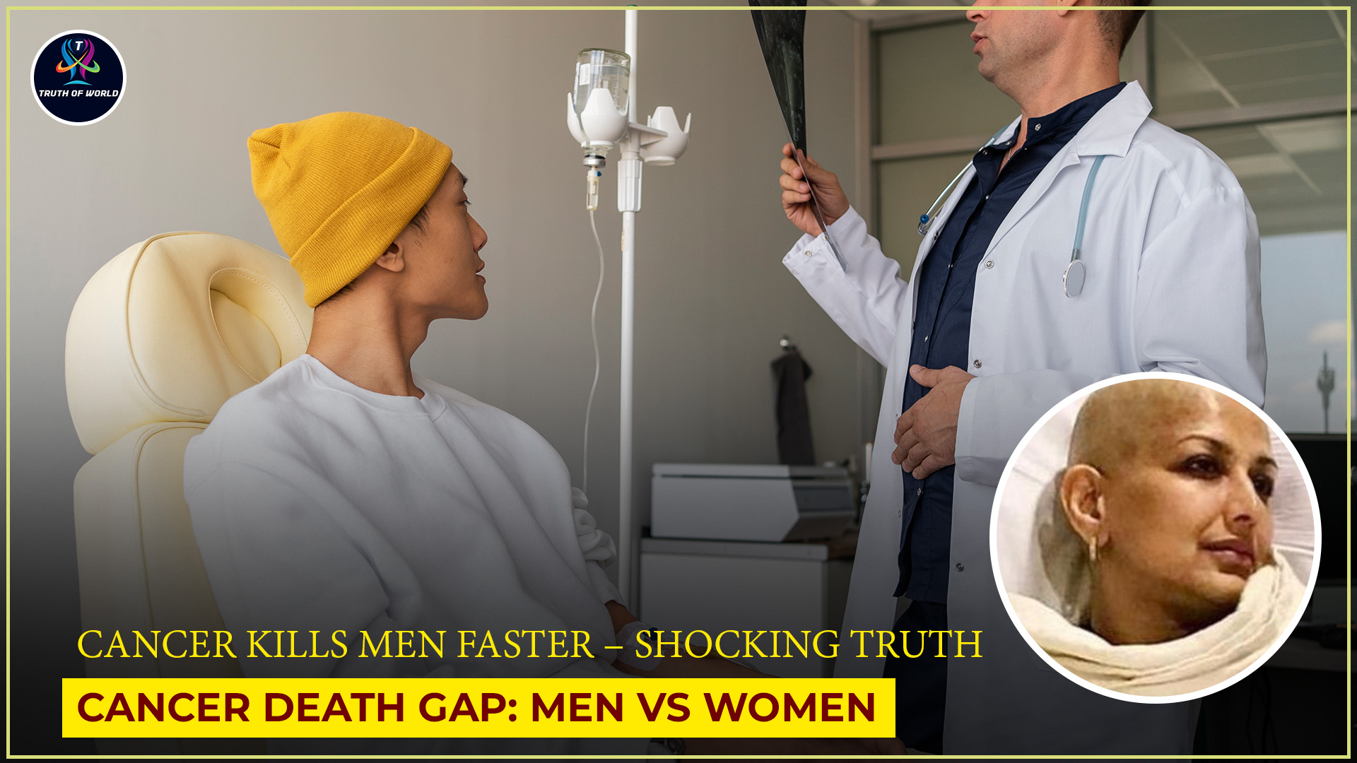 काले बैकग्राउंड पर लाल कैंसर रिबन और पुरुष व महिला का चेहरा – पुरुषों में कैंसर के खतरों पर आधारित थंबनेल