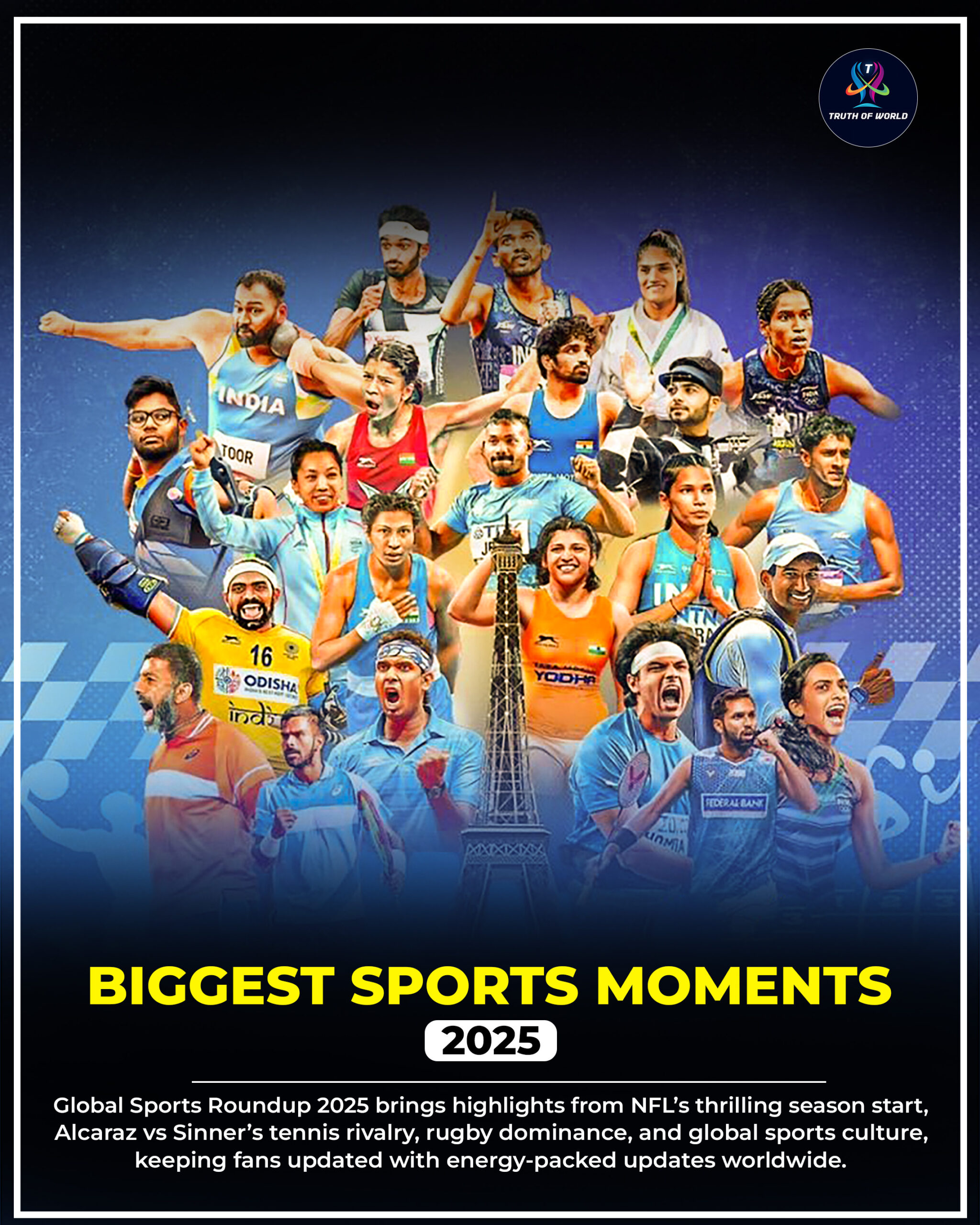 Global Sports Roundup 2025 featuring NFL season opener, Carlos Alcaraz vs Jannik Sinner tennis rivalry, and South African rugby dominance.