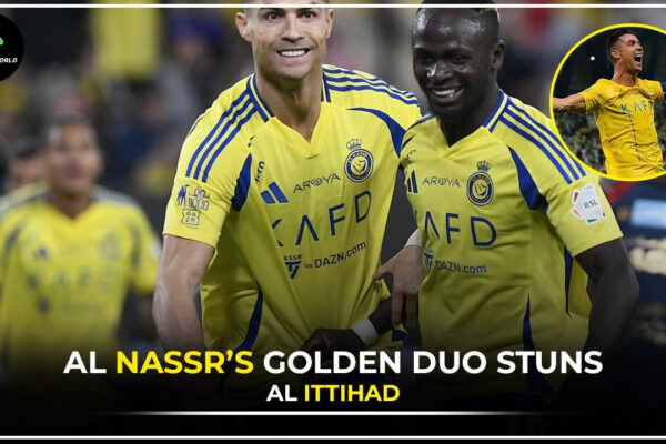 Cristiano Ronaldo celebrating his header goal against Al Ittihad in Saudi Pro League