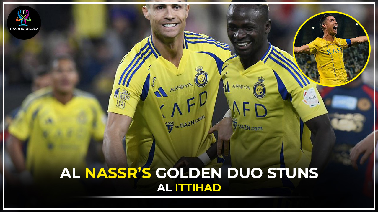 Cristiano Ronaldo celebrating his header goal against Al Ittihad in Saudi Pro League