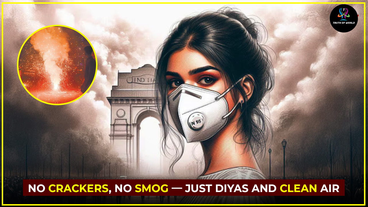 People celebrating eco-friendly Diwali in Delhi with diyas and green crackers amid severe AQI warning, promoting clean air and sustainable festivities.