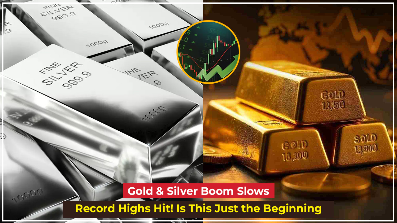 Gold and silver coins reflecting market rally after record highs with analysis chart in background.