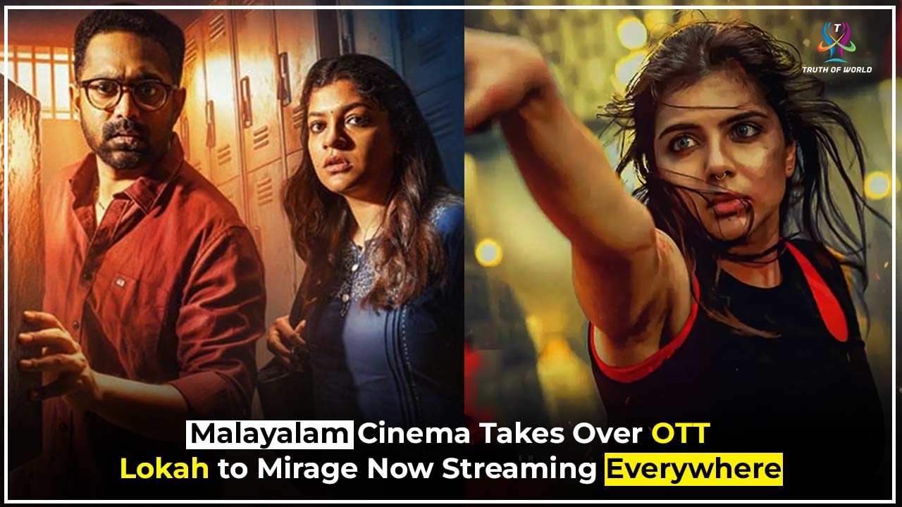 Posters of Malayalam OTT releases Lokah Chapter 1, Aabhyanthara Kuttavaali, and Mirage streaming on Netflix, Prime Video, SonyLIV, and JioCinema in 2025.