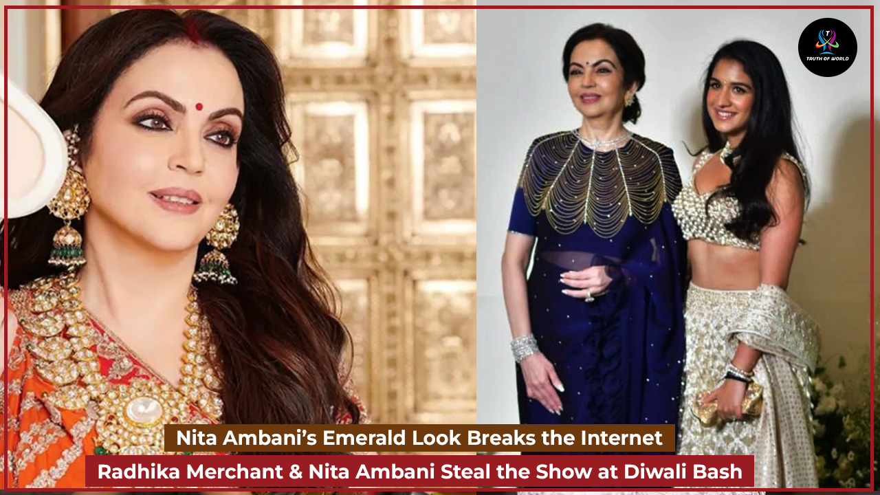 Nita Ambani made a dazzling appearance at a luxurious Diwali soiree, exuding grace and grandeur in a richly embroidered saree accentuated by a pair of enormous emerald earrings. The exquisite jewels instantly became the talk of the evening, adding a regal touch to her traditional look.