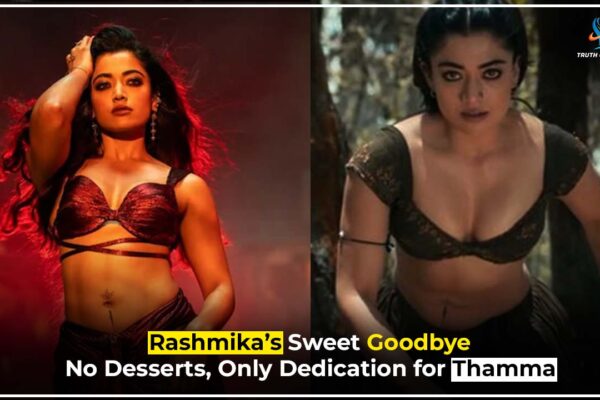 Rashmika Mandanna smiles as she begins Thamma promotions after engagement, giving up desserts to stay fit.