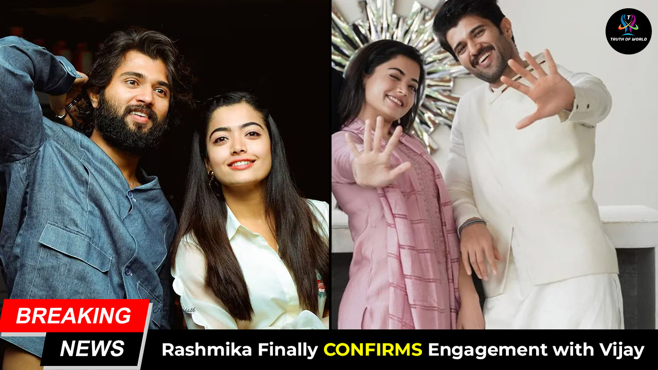 Rashmika Mandanna showing her engagement ring after getting engaged to Vijay Deverakonda, smiling in front of the camera.