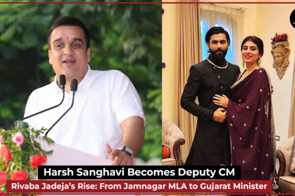 Rivaba Jadeja and Harsh Sanghavi take oath during Gujarat’s cabinet swearing-in ceremony at Mahatma Mandir, Gandhinagar, after a major reshuffle led by Chief Minister Bhupendra Patel.