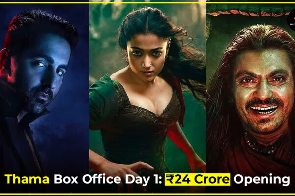 Thama movie poster featuring Ayushmann Khurrana and Rashmika Mandanna, celebrating ₹24 crore box office collection on opening day, marking a strong Diwali release.