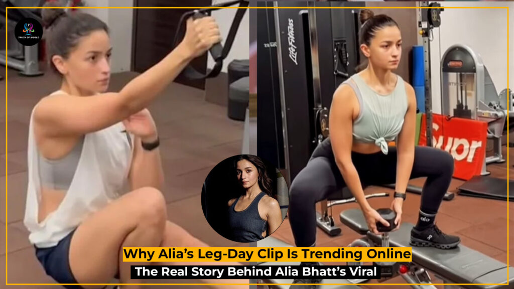 Alia Bhatt performing an intense leg-day workout while Ranbir Kapoor does pull-ups beside her in a gym setting.