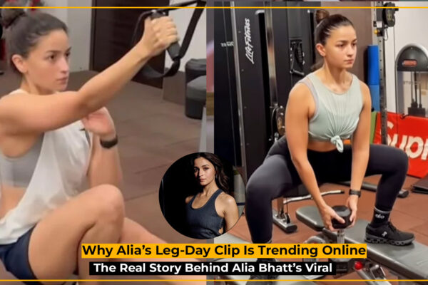 Alia Bhatt performing an intense leg-day workout while Ranbir Kapoor does pull-ups beside her in a gym setting.