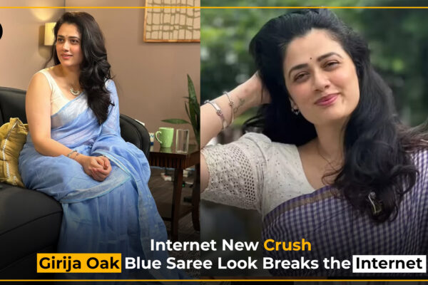 Girija Oak looks stunning in a blue handloom saree during her viral interview, charming fans with her natural beauty and elegance.