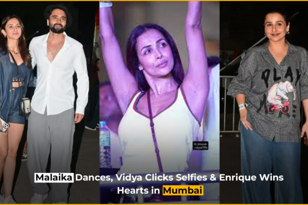 Enrique Iglesias performing live at Mumbai concert while fan throws phone on stage; Malaika Arora dances and Vidya Balan poses with fans.