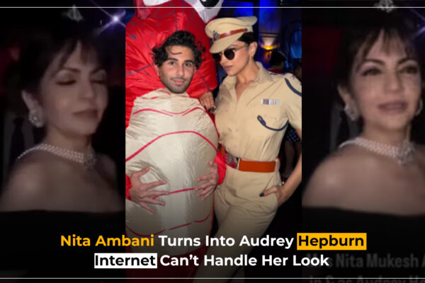 Nita Ambani dressed as Audrey Hepburn at Orry’s Halloween 2025 party in Mumbai, wearing a black gown, pearl necklace, and diamond tiara.