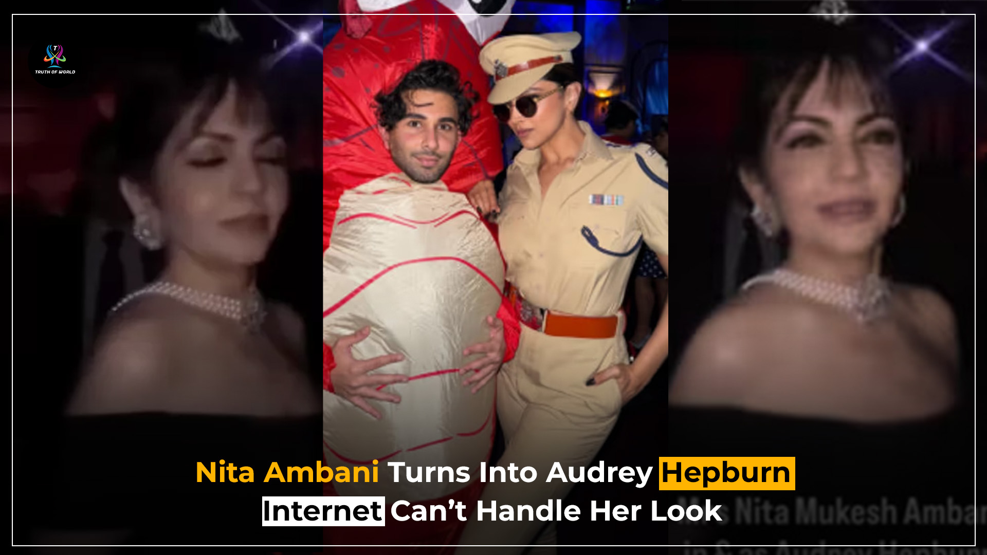 Nita Ambani dressed as Audrey Hepburn at Orry’s Halloween 2025 party in Mumbai, wearing a black gown, pearl necklace, and diamond tiara.