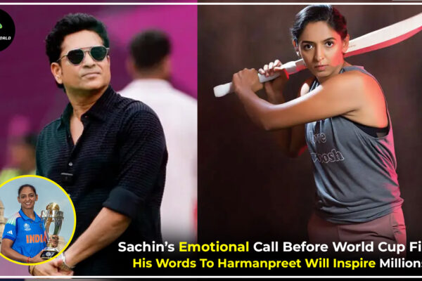 Sachin Tendulkar speaking to Harmanpreet Kaur before the Women’s World Cup Final 2025, sharing motivational words that inspired Team India.