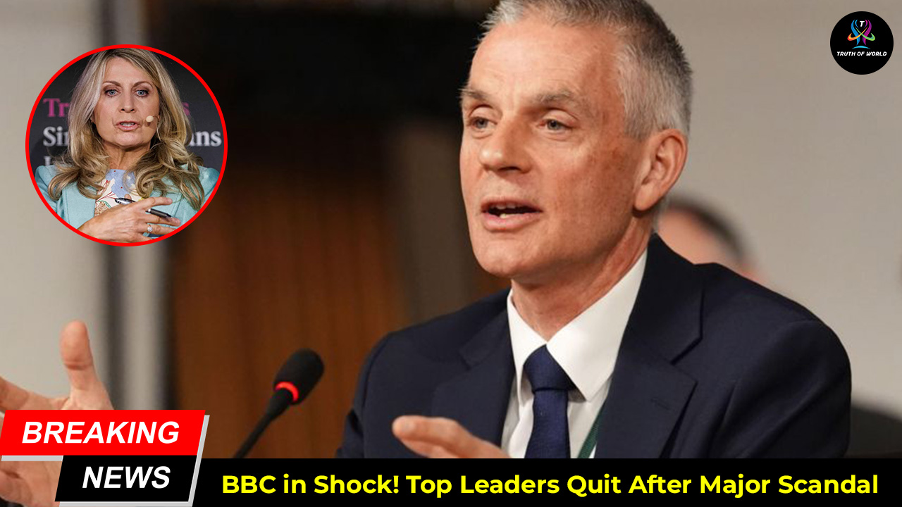 BBC headquarters in London as Director General Tim Davie and News CEO Deborah Turness resign amid Trump documentary controversy.